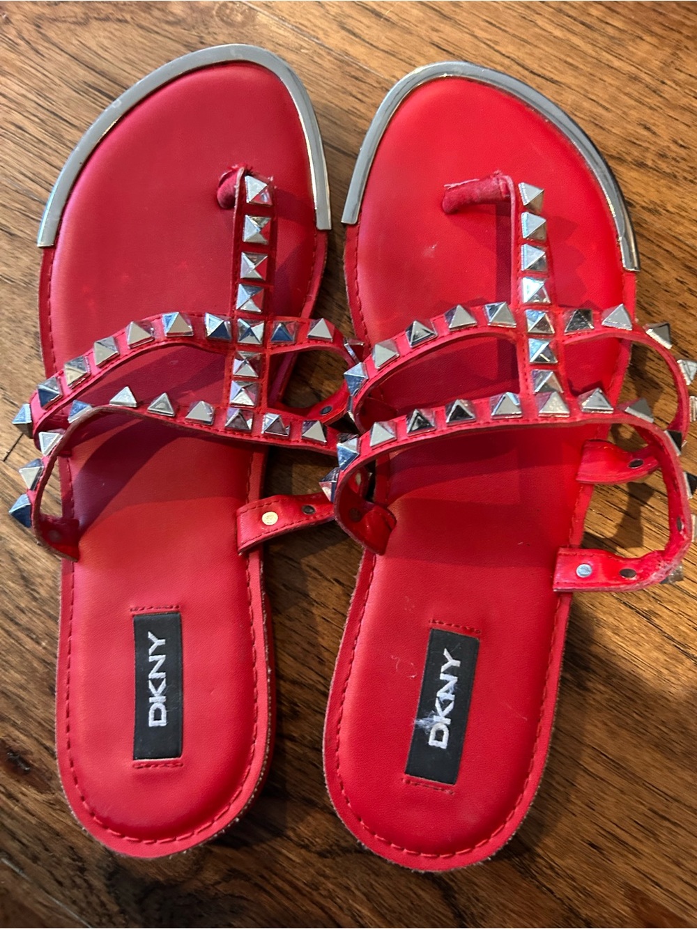 DKNY Red Girls Studded T-Strap Slide Sandals